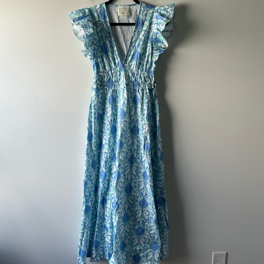 Sail to Sable blue and turquoise printed 100% cotton maxi dress